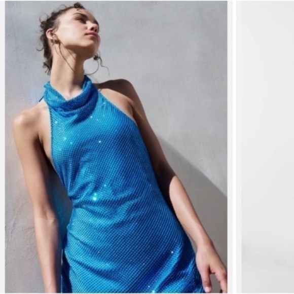Amanda Uprichard Dress Klea Halter Tie Mini Mesh Crystal Mesh Cobalt Blue